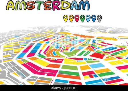 Amsterdam, Netherlands, Downtown 3D Vector Map of Famous Streets. Bright foreground full of colors. White Streets, Waterways and grey background areal Stock Vector