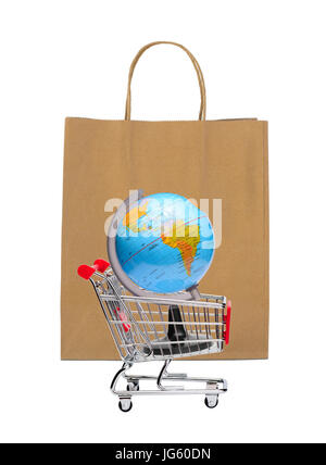 Earth on shopping cart with brown paper bag Stock Photo