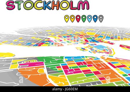 Stockholm, Sweden, Downtown 3D Vector Map of Famous Streets. Bright foreground full of colors. White Streets, Waterways and grey background areal. Whi Stock Vector