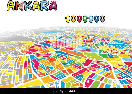 Ankara, Turkey, Downtown 3D Vector Map of Famous Streets. Bright foreground full of colors. White Streets, Waterways and grey background areal. White  Stock Vector
