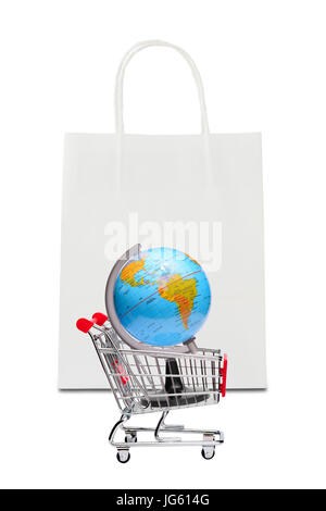 Earth on shopping cart with white paper bag Stock Photo