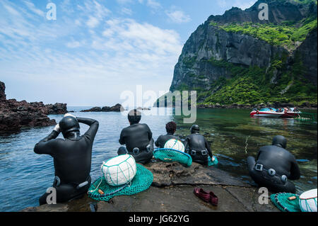 Haenyeo, the famous female divers on the Unesco world heritage sight the island of Jejudo, South Korea Stock Photo