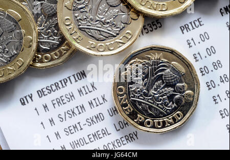 BRITISH SUPERMARKET FOOD TILL RECEIPT WITH ONE POUND COINS RE RISING FOOD PRICES FOODS PRICING INFLATION INCOMES WAGES BREXIT Stock Photo