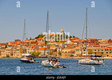 Yacht moorings at the town of Primosten, Croatia. Stock Photo