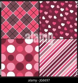 Set of Four Pink and Red Vector Patterns for Valentines Day Stock Vector