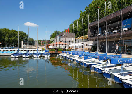 Bootshafen und Aaseeterrassen mit Bootshaus und Restaurants am Aasee von Muenster, Westfalen, Nordrhein-Westfalen Stock Photo