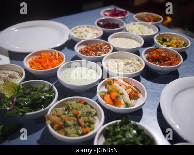 Traditional Israeli mezze platter served in Jaffa, the Arabian district of Tel Aviv Stock Photo