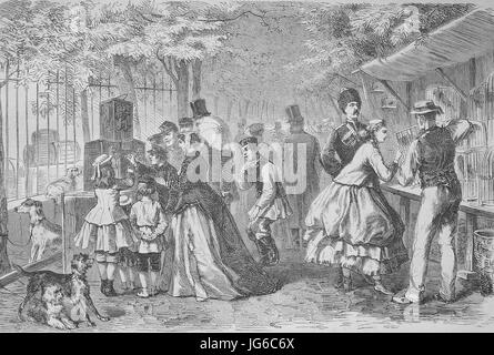 Digital improved:, The German bird market at the Stock Exchange garden in Saint Petersburg, Russia, illustration from the 19th century Stock Photo