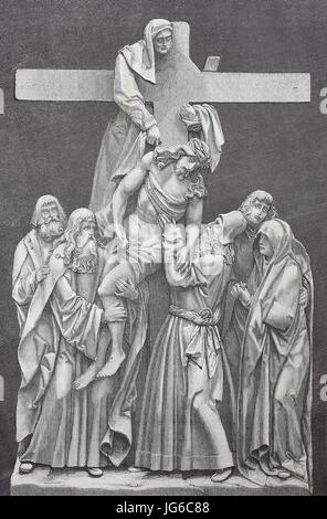 Digital improved:, The Descent from the Cross, or Deposition of Christ, is the scene, as depicted in art, from the Gospels' accounts of Joseph of Arimathea and Nicodemus taking Christ down from the cross after his crucifixion, here a relief from the church of Seligenstadt, Germany, illustration from the 19th century Stock Photo