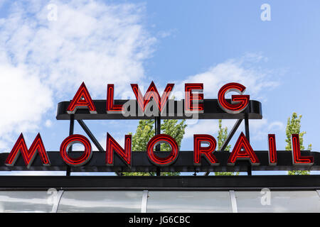 Red neon sign for Alweg Monorail at Seattle Center's monorail station in Seattle, Washington Stock Photo