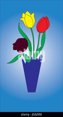 Vase with three tulips on a blue background. Stock Vector