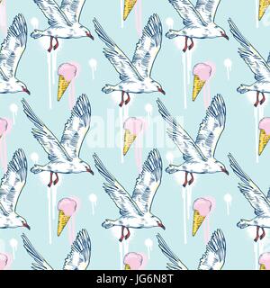 Seabirds. Set of beautiful seagulls and icecream Stock Vector