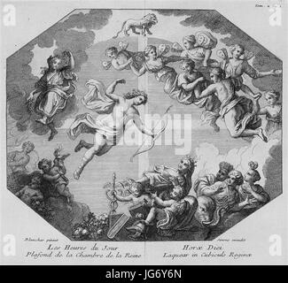 The Salle d'Apollon in the Louvre Museum is a renowned room known for its grand design and art collection. The title 'Les Heurs du Jour' refers to a specific exhibition held there. Stock Photo