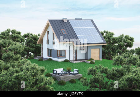 Ecological house with solar panels on roof Stock Photo