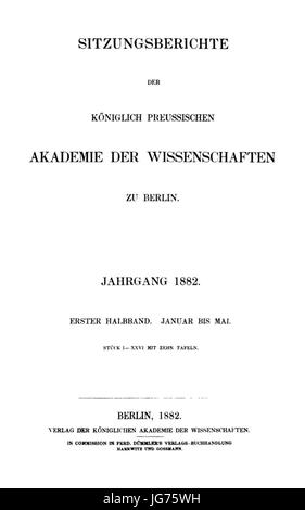Sitzungsberichte der Königlich Preußischen Akademie der Wissenschaften zu Berlin 1882 Titel Stock Photo