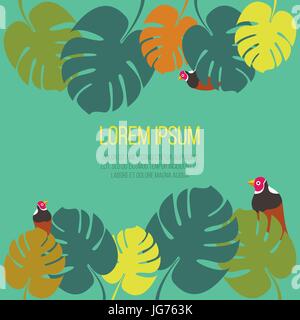 Palm leaves Vector illustration Poster template with colorful tropical palm leaves on green background with tropical birds and space for text Trendy p Stock Vector