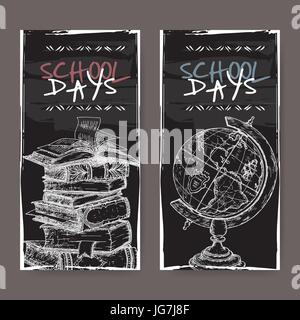 Two vertical banners with hand drawn school related sketches featuring books and globe on blackboard background. School memories collection. Great for