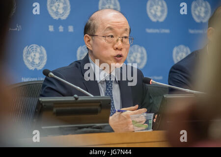 New York, United States. 03rd July, 2017. On the first work day of China's month-long Presidency of the United Nations Security Council, Chinese Permanent Representative to the UN Ambassador Liu Jieyi held a press briefing at UN Headquarters to provide an overview of the Council programme of work. Credit: Albin Lohr-Jones/Pacific Press/Alamy Live News Stock Photo