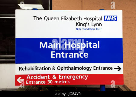 Queen Elizabeth Hospital, Kings Lynn, Main Entrance sign, Norfolk, England, UK, English NHS hospitals Stock Photo