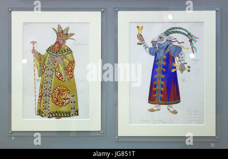 Costume designs for Tsar Saltan and the She-Goat by Russian artist Ivan Bilibin for the opera 'The Tale of Tsar Saltan' by Nikolai Rimsky-Korsakov (1935) on display at the exhibition 'The Experience of Exile' in Prague, Czech Republic. The exhibition devoted to the emigration from the former Russian Empire to Czechoslovakia runs in the Star Summer Palace (Letohrádek Hvězda) till 29 October 2017. The opera with scenic and costume design by Ivan Bilibin with assistance of his wife Alexandra Shchekotikhina-Pototskaya was performed in the Národní divadlo (National Theatre) in Prague in 1935. Stock Photo