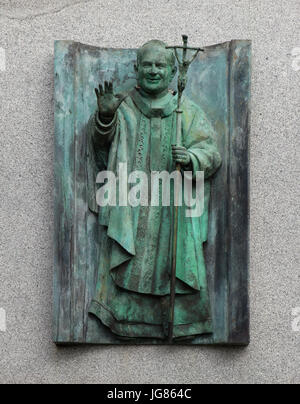 Pope John Paul II depicted on the Arch of Illustrious Pilgrims (Arco dos peregrinos ilustres) in Praza da Concordia on the very last kilometres of the Camino de Santiago (Way of Saint James) in Santiago de Compostela, Galicia, Spain. Stock Photo