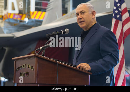 Haifa, Israel. 3rd July, 2017. Israeli Prime Minister Benjamin Netanyahu delivers a speech on board U.S. aircraft carrier USS George H.W. Bush during its visit to Israel's Haifa port, on July 3, 2017. Credit: Xinhua/Alamy Live News Stock Photo