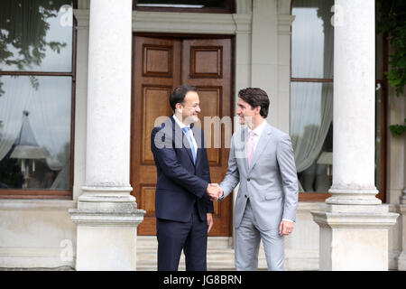 Dublin, Ireland. 4th July, 2017. Justin Trudeau Meets Leo Varadkar in Dublin. The Canadian Prime Minister, Justin Trudeau, shakes hands as he met with Taoiseach and Fine Gael party leader(Prime Minister) Leo Varadkar(Left), at Farmleigh House in Dublin. Mr. Trudeau is on a three day visit andÊis expected to discuss trade between the two countries and the implications of Brexit and a possible hard border, for the Irish economy and its relations with the United Kingdom. Mr Varadkar is Ireland's first gay political leader. Photo: Sam Boal/RollingNews.ie/Alamy Live News Stock Photo