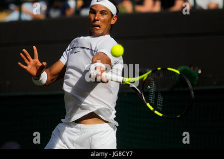 London, UK. 3rd July, 2017. Spain's Rafael Nadal in action during his first round match against John Millman during first day of play at Wimbledon. Credit: Adam Stoltman/Alamy Live News Stock Photo