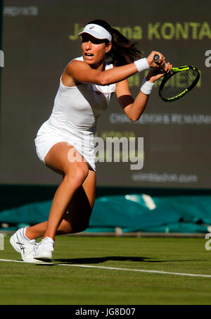 London, UK. 3rd July, 2017. London, UK. 03rd July, 2017. London, 3 July, 2017 - Great Britain's Johanna Konta in action during her first round match against Su-Wei Hsieh during first day of play at Wimbledon. Credit: Adam Stoltman/Alamy Live News Stock Photo