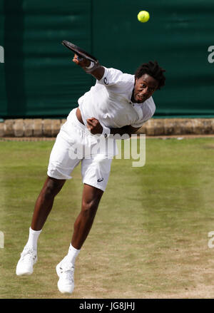 London, Britain. 4th July, 2017. Gael Monfils of France serves during the men's singles first round match against Daniel Brands of Germany at the Championship Wimbledon 2017 in London, Britain, on July 4, 2017. Gael Monfils won 3-0. Credit: Han Yan/Xinhua/Alamy Live News Stock Photo