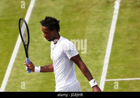 London, Britain. 4th July, 2017. Gael Monfils of France celebrates after the men's singles first round match against Daniel Brands of Germany at the Championship Wimbledon 2017 in London, Britain, on July 4, 2017. Gael Monfils won 3-0. Credit: Han Yan/Xinhua/Alamy Live News Stock Photo