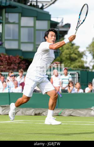 London, UK. 4th July, 2017. Yuichi Sugita (JPN) Tennis : Yuichi Sugita of Japan during the Men's singles first round match of the Wimbledon Lawn Tennis Championships against Brydan Klein of Great Britain at the All England Lawn Tennis and Croquet Club in London, England . Credit: AFLO/Alamy Live News Stock Photo