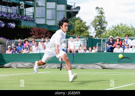 London, UK. 4th July, 2017. Yuichi Sugita (JPN) Tennis : Yuichi Sugita of Japan during the Men's singles first round match of the Wimbledon Lawn Tennis Championships against Brydan Klein of Great Britain at the All England Lawn Tennis and Croquet Club in London, England . Credit: AFLO/Alamy Live News Stock Photo