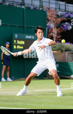 London, UK. 4th July, 2017. Yuichi Sugita (JPN) Tennis : Yuichi Sugita of Japan during the Men's singles first round match of the Wimbledon Lawn Tennis Championships against Brydan Klein of Great Britain at the All England Lawn Tennis and Croquet Club in London, England . Credit: AFLO/Alamy Live News Stock Photo
