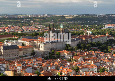 View of the Prague Castle and old buildings at the Mala Strana District (Lesser Town) in Prague, Czech Republic, from above. Stock Photo