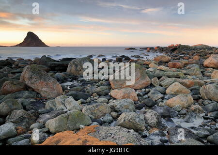 Winter sunset over Bleiksoya-biggest puffin resort in Norway-island to the SW.along the shoreline from Bleik-fishing village near Andenes town-Andoy k Stock Photo