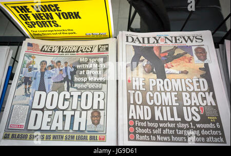 New York tabloid newspapers on Saturday July 1, 2017 report on the previous days shooting in Bronx Lebanon Hospital in New York. Fired hospital worker Henry Bello killed one doctor and wounded six workers before killing himself. (© Richard B. Levine) Stock Photo