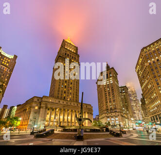 Thurgood Marshall United States Courthouse illuminated at night, New York City Stock Photo