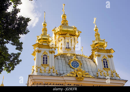 Peterhof Palace gilded  domes of the Peter and Paul Cathedral at the Grand Palace located near Saint Petersburg, Russia Stock Photo