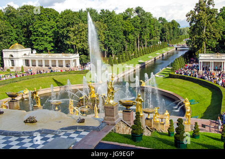 Peterhof Palace Grand Cascade with fountains and gardens in summer near Saint Petersburg, Russia Stock Photo
