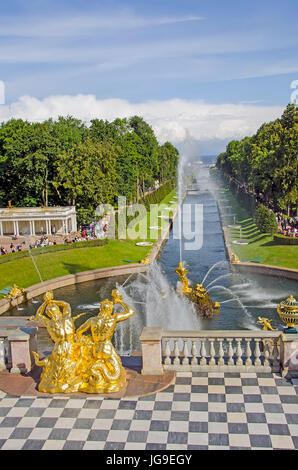 Peterhof Palace Grand Cascade with fountains  and gardens in summer  near Saint Petersburg, Russia Stock Photo