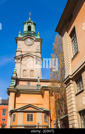 Storkyrkan, close-up of its tower, this is the oldest church in Gamla stan, the old town in central Stockholm, Sweden Stock Photo