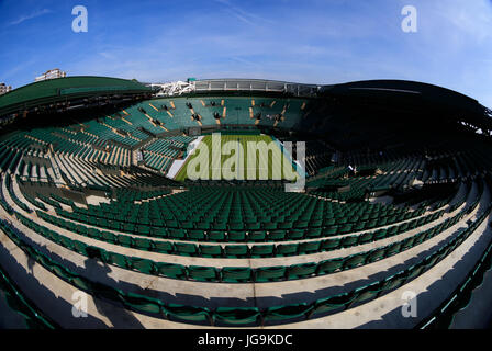 A general view of court number one ahead of day two of the Wimbledon Championships at The All England Lawn Tennis and Croquet Club, Wimbledon.  PRESS ASSOCIATION Photo. Picture date: Tuesday July 4, 2017. See PA story TENNIS Wimbledon. Photo credit should read: John Walton/PA Wire. RESTRICTIONS: Editorial use only. No commercial use without prior written consent of the AELTC. Still image use only - no moving images to emulate broadcast. No superimposing or removal of sponsor/ad logos. Stock Photo