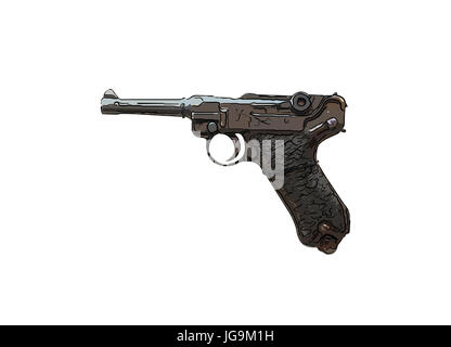 Close up on old vintage illustration of pistol on white background Stock Photo