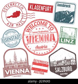 Set of travel grunge stamps with Austria on white background, vector illustration Stock Vector