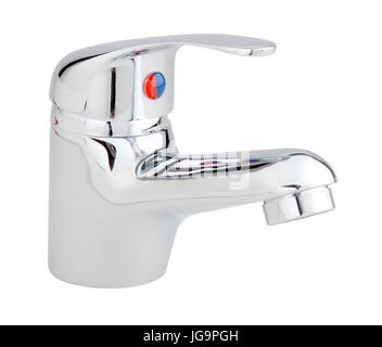 Chromed metal basin mixer for water isolated on white with clipping path Stock Photo