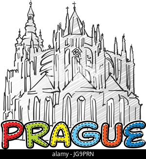 Prague beautiful sketched icon, famaous hand-drawn landmark, city name lettering, vector illustration Stock Vector
