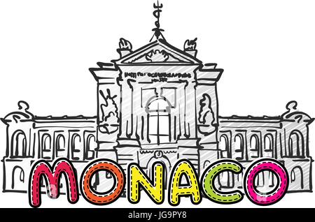 Monaco beautiful sketched icon, famaous hand-drawn landmark, city name lettering, vector illustration Stock Vector