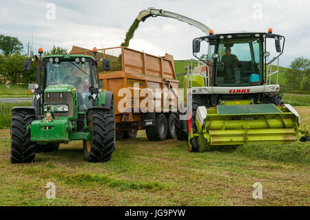 Silage lifting with John Deere tractor and CLAAS Chopper, South west Scotland. Galloway Stock Photo