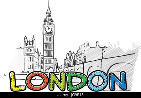 London beautiful sketched icon, famaous hand-drawn landmark, city name lettering, vector illustration Stock Vector